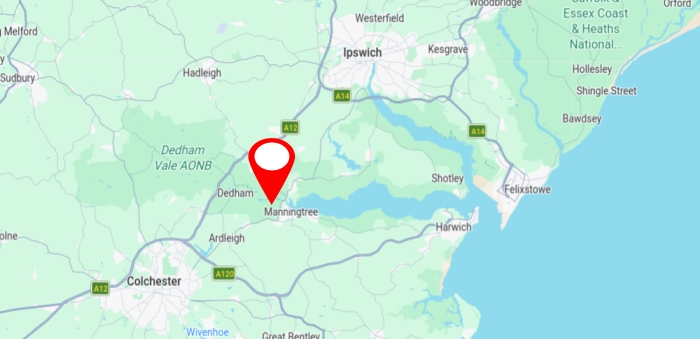 location of Lawford Livery between Colchester & Ipswich